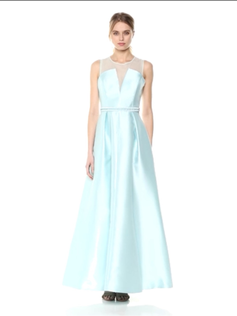 Nicole Miller Light Blue Satin Mesh Yoke Maxi Gown